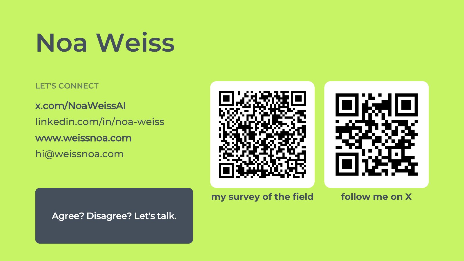 Slide 9: Noa Weiss. Let's connect: x.com/NoaWeissAI, linkedin.com/in/noa-weiss, weissnoa.com, hi@weissnoa.com. QR codes for my survey of the field and for X. Agree? Disagree? Let's talk.
